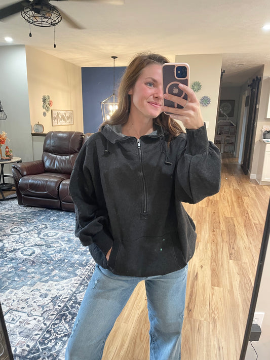 Washed Drawstring Half Zip Hoodie