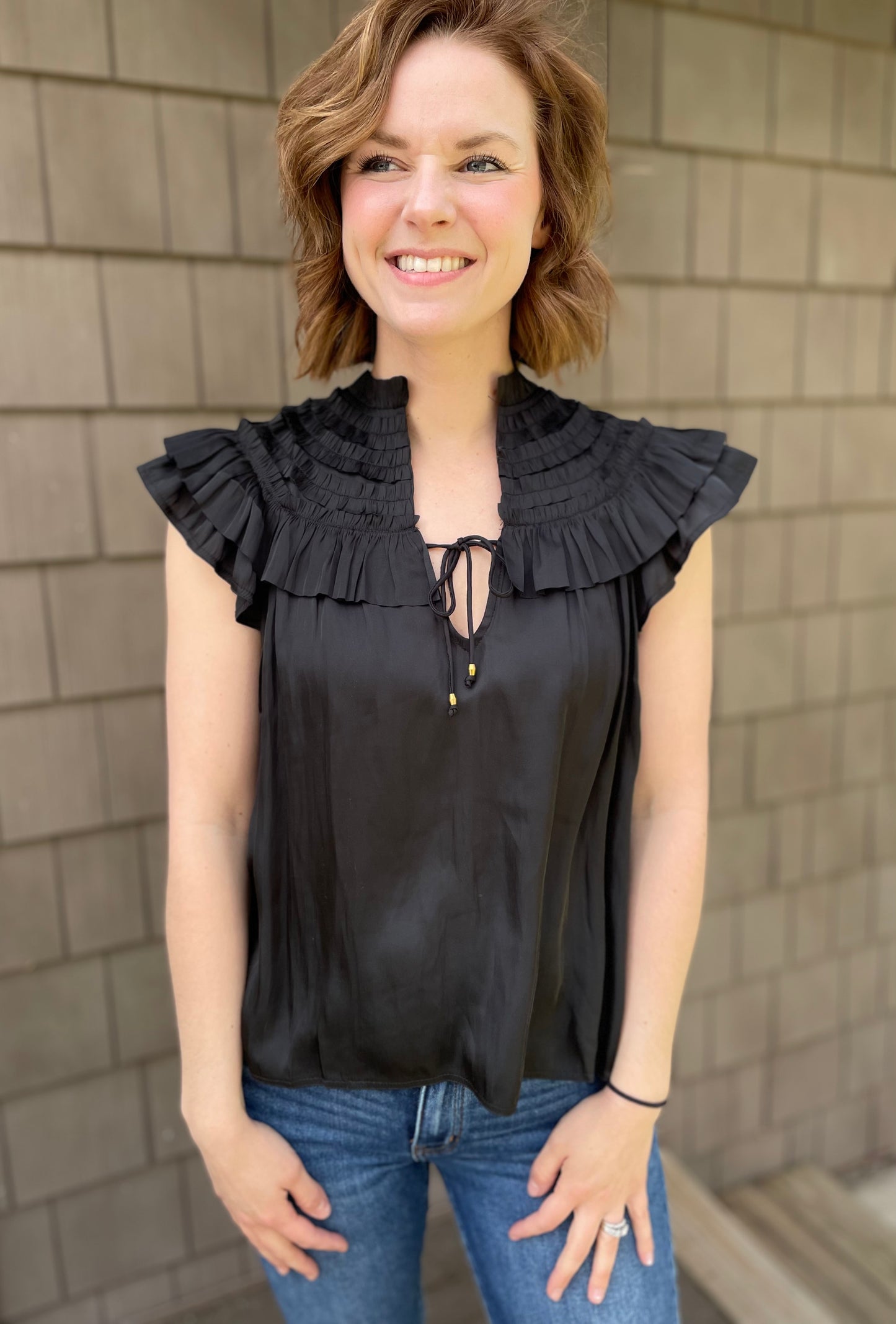 Freya Silky Ruffle Shoulder Tie Top