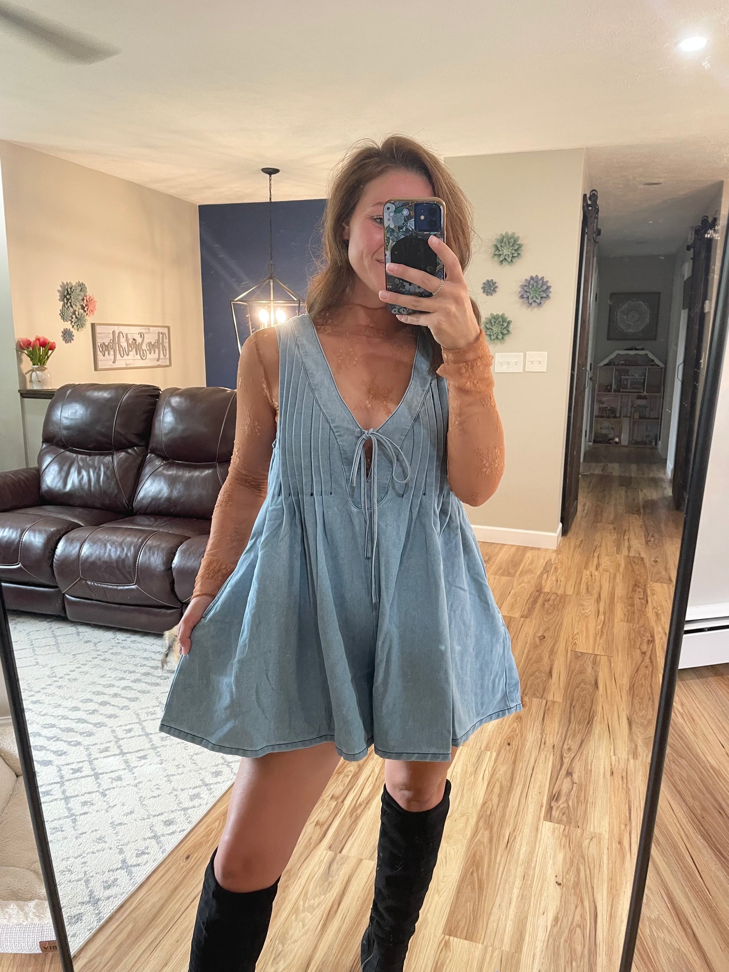 Denim Pleated Romper