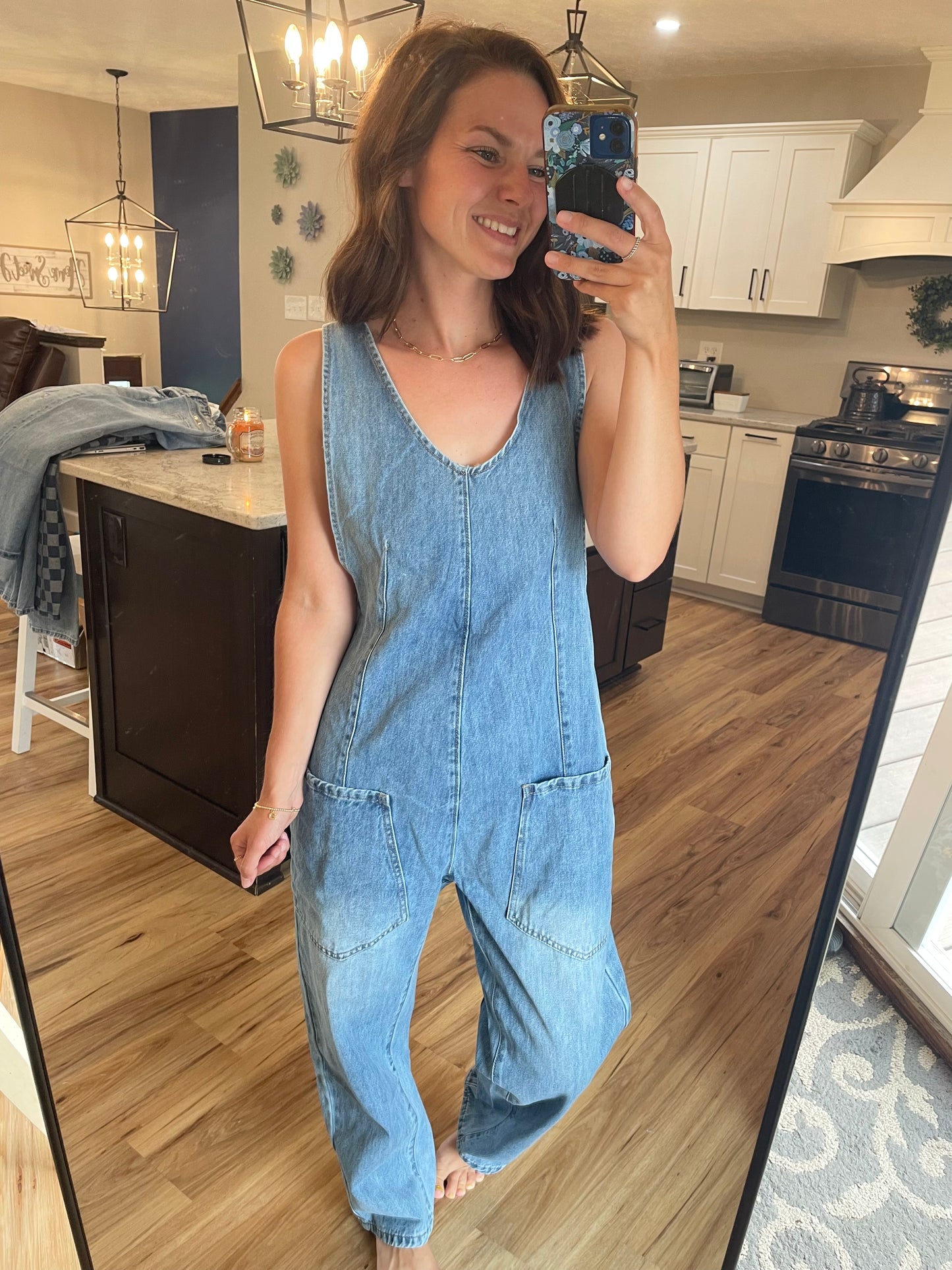 Denim Adjustable Strap Baggy Jumpsuit