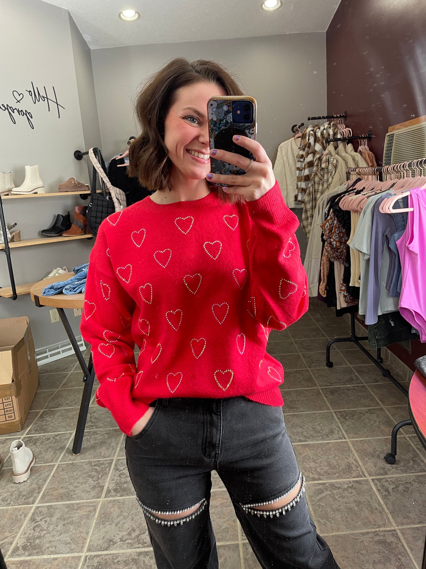 Rhinestone Heart Sweater Top