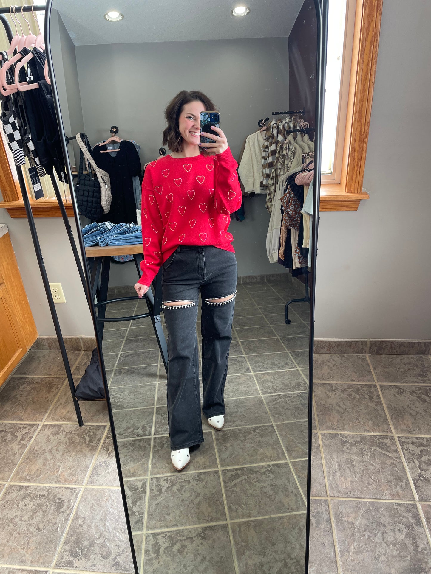 Rhinestone Heart Sweater Top