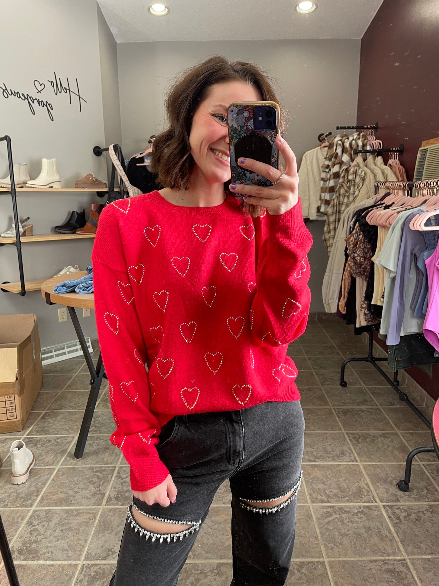 Rhinestone Heart Sweater Top