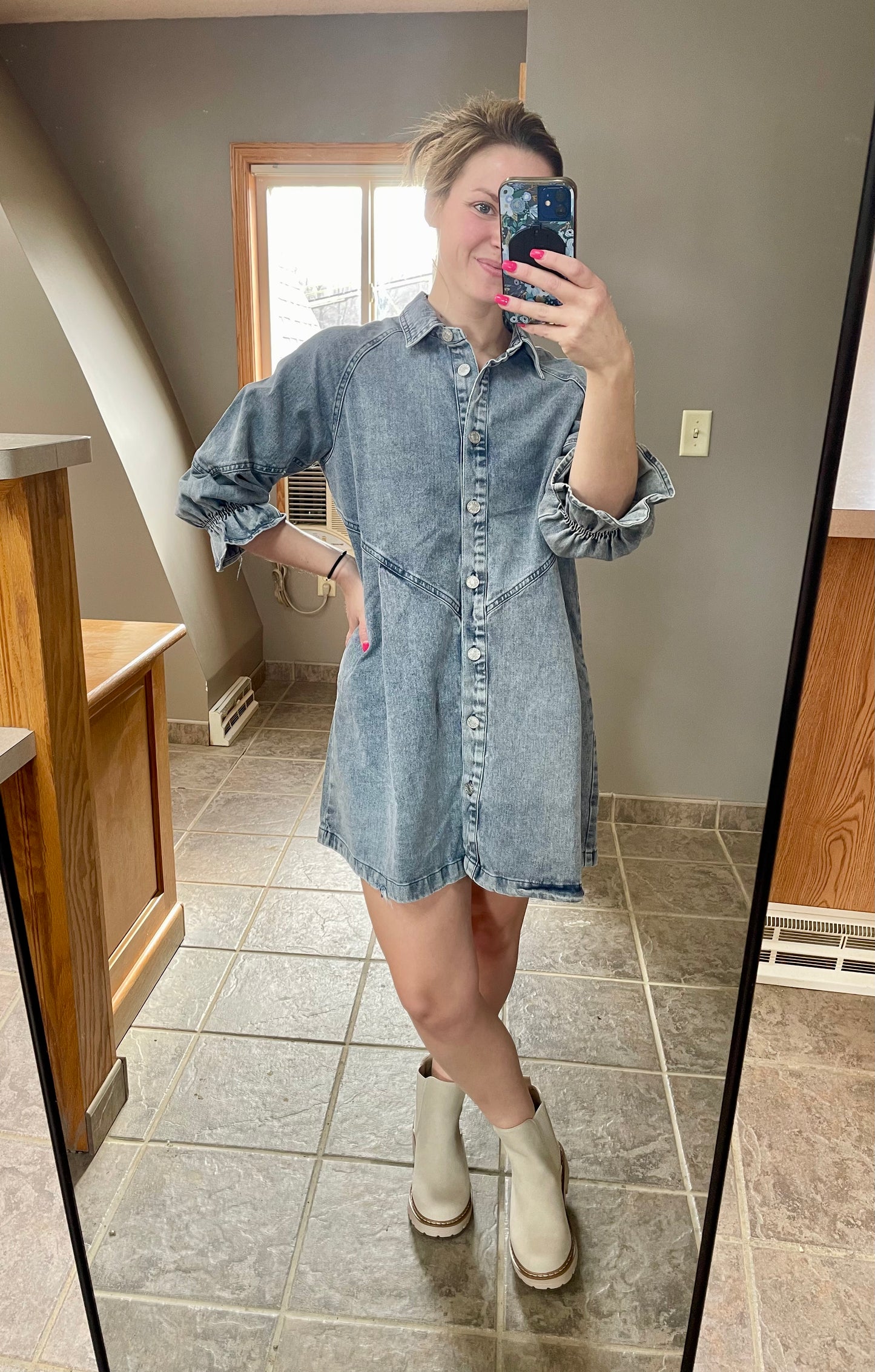 Washed Denim Snap Up Shirt Dress