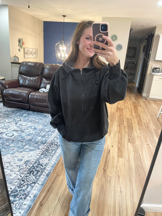 Washed Drawstring Half Zip Hoodie