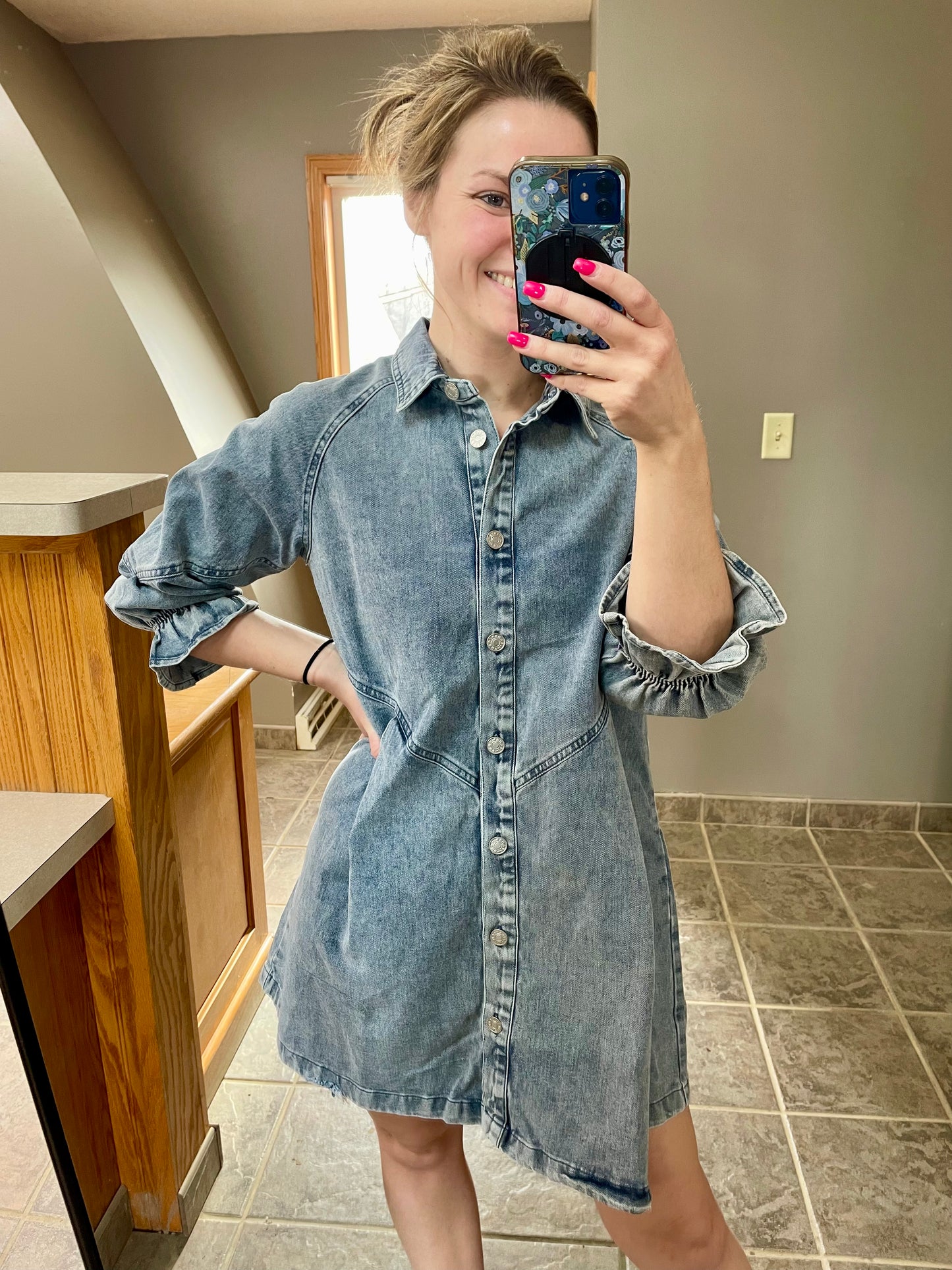 Washed Denim Snap Up Shirt Dress