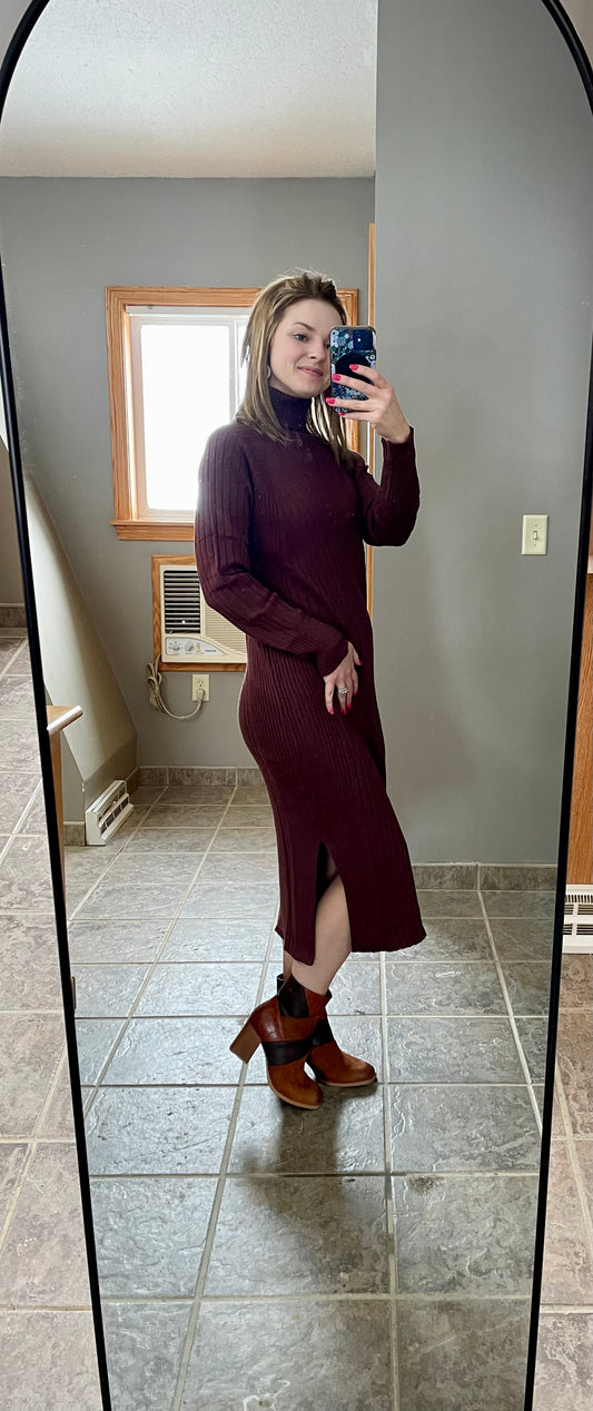 Turtleneck Ribbed Sweater Midi Dress