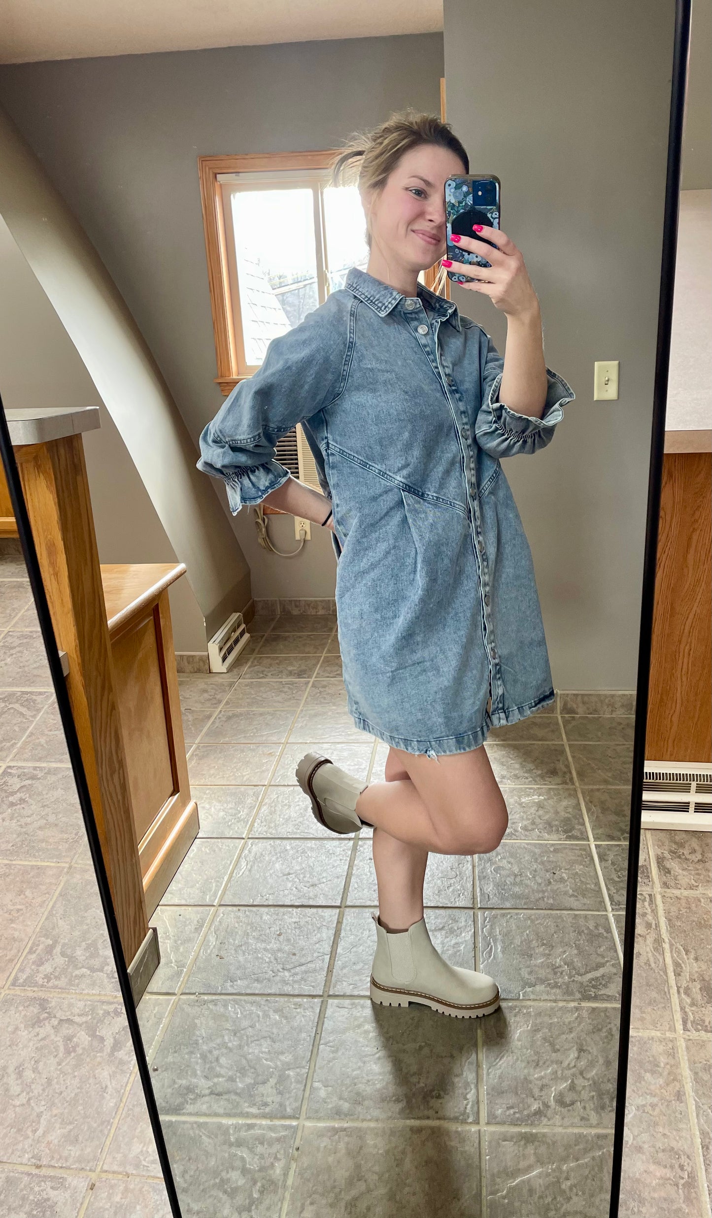 Washed Denim Snap Up Shirt Dress