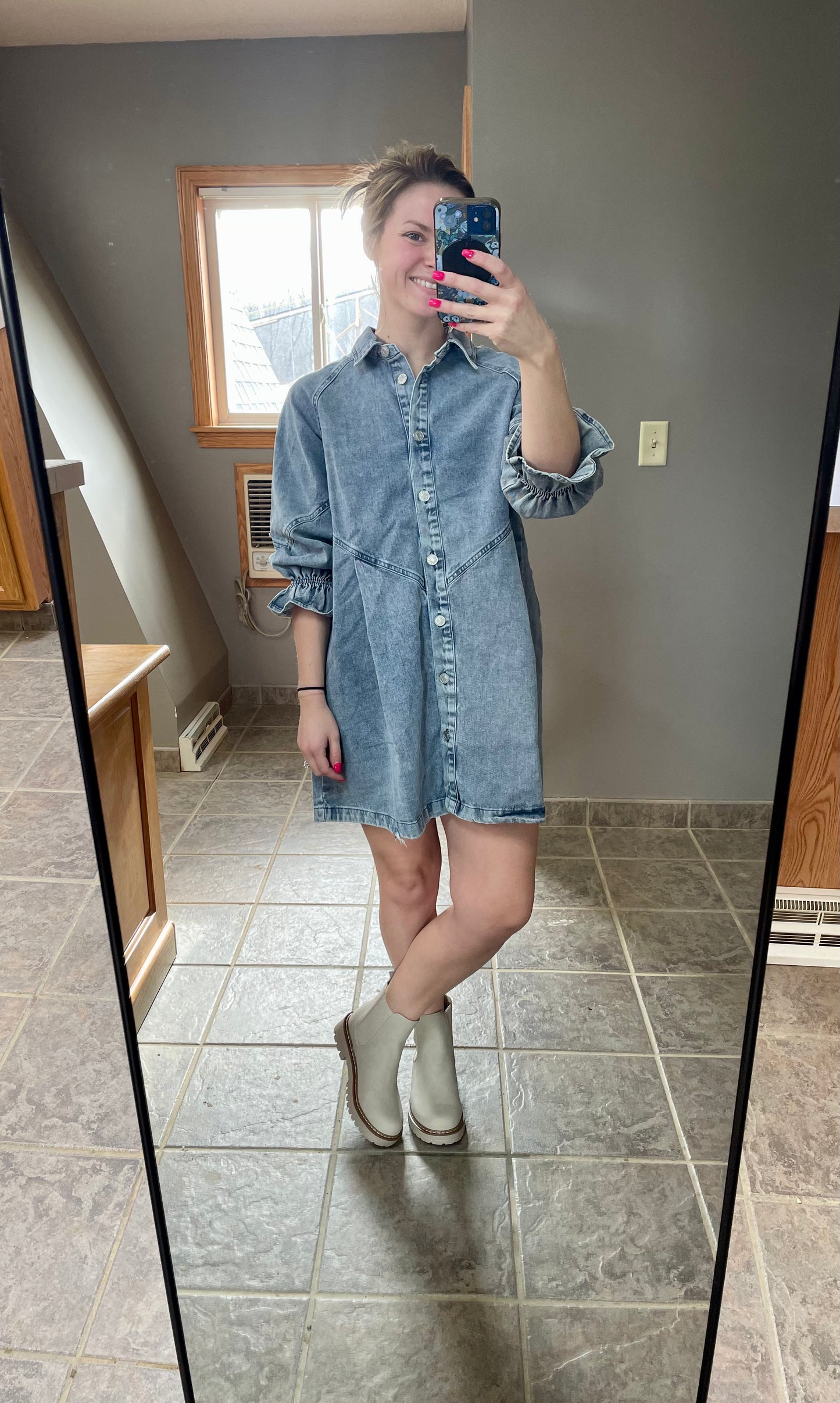 Washed Denim Snap Up Shirt Dress